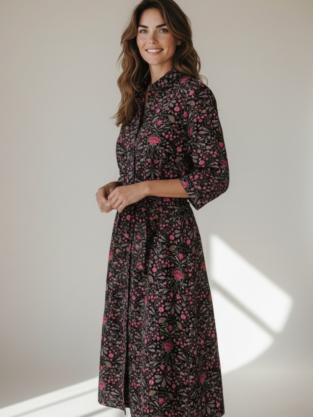 Black Midi Shirt Dress with Pink Floral Print
